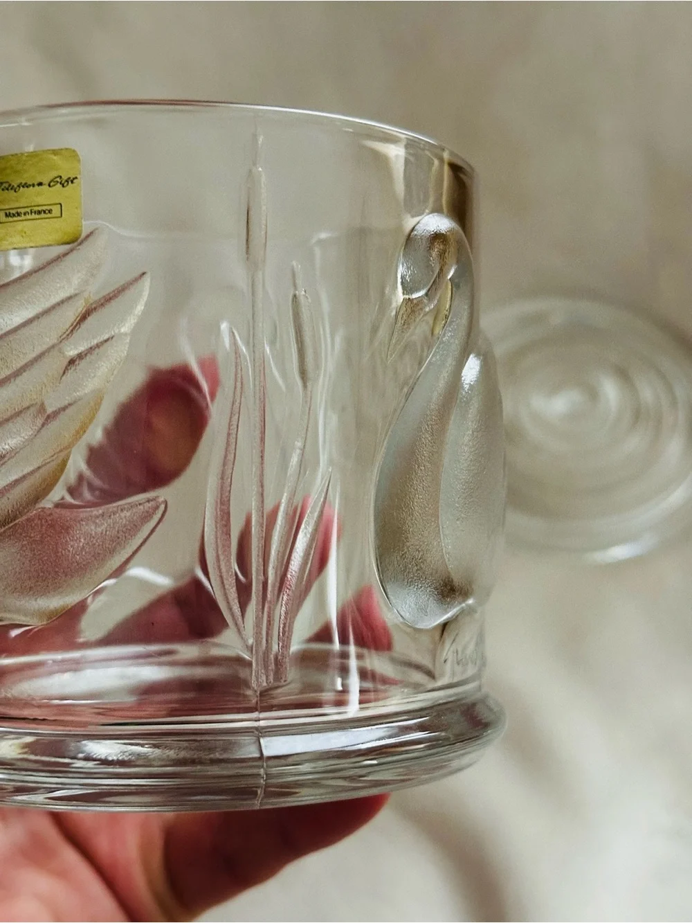 Gloria Vanderbilt Swan Glass Jar with Lid for TELEFLORA Embossed Signed Clear